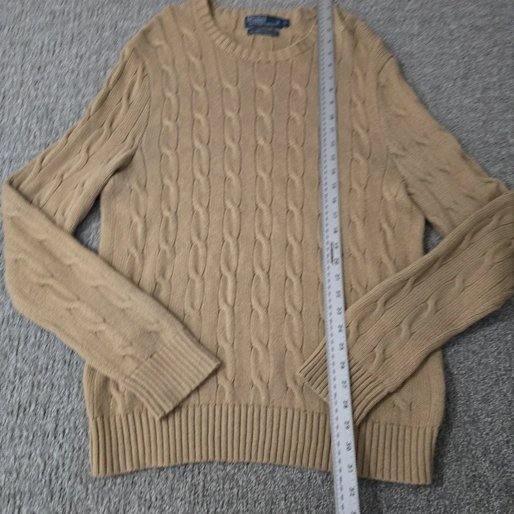 VTG Polo Ralph Lauren Mens L Cable Knit Sweater Tan 100% Cotton Crewneck Preppy
